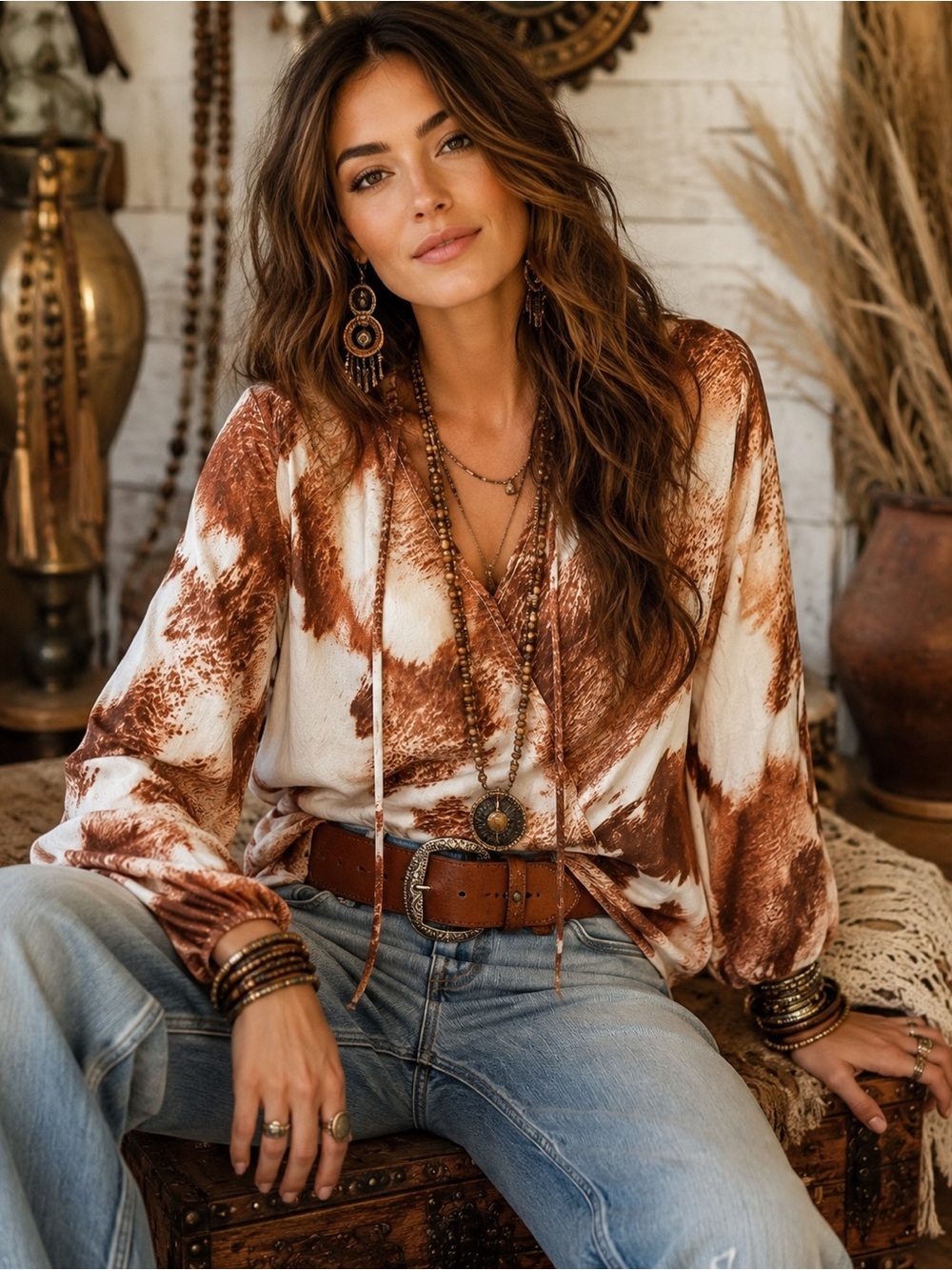 L&B Rust‎ and White Tie-Dye V-Neck Blouse